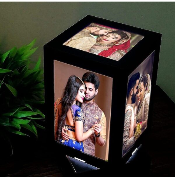 Rotating Photo Lamp with LED Lights, 10x10x15.5 cm, 5 Photos Display, Black Frame, Anniversary Birthday Gift
