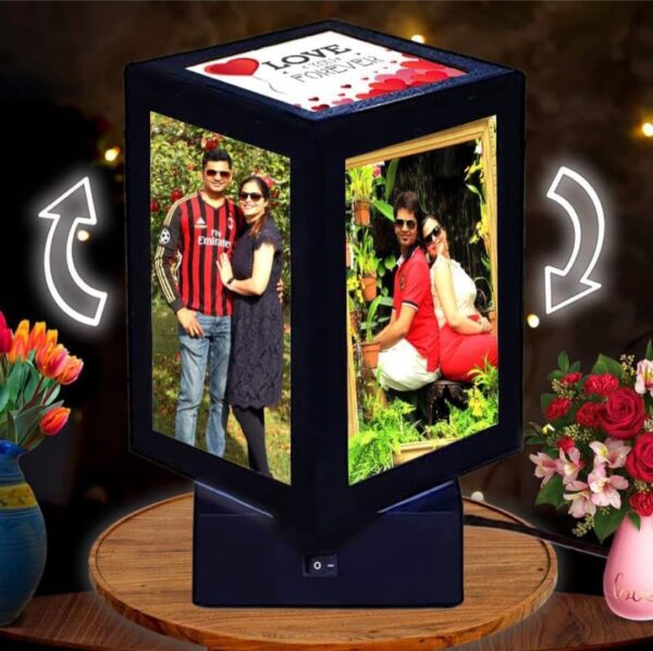 Rotating Photo Lamp with LED Lights, 10x10x15.5 cm, 5 Photos Display, Black Frame, Anniversary Birthday Gift