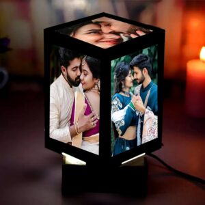 Rotating Photo Lamp with LED Lights, 10x10x15.5 cm, 5 Photos Display, Black Frame, Anniversary Birthday Gift