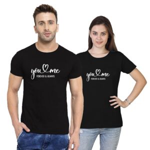 Fashions Love Couple Lovers Combo (Husband & Wife) Cotton You and Me Printed Half Hand Round Neck Black T Shirts for Couple - Combo of 2