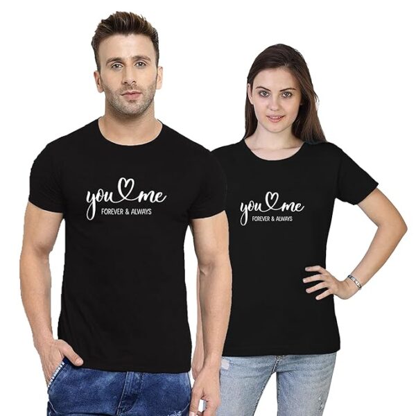 Fashions Love Couple Lovers Combo (Husband & Wife) Cotton You and Me Printed Half Hand Round Neck Black T Shirts for Couple - Combo of 2